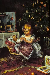 Ein kleines Mädchen entdeckt die Puppe und den Kinderwagen unter dem Weihnachtsbaum. 19. Jahrhundert