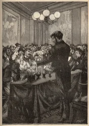 Ein Zauberer benutzt eine Muskatnussdose, um eine Kugel erscheinen und verschwinden zu lassen. Gravur von 1885 in „Les arts et metiers illustres“ von Adolphe BITARD