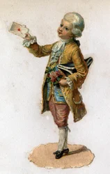 Ein Bote (18. Jahrhundert) trägt einen versiegelten Brief. Chromolithographie um 1890.