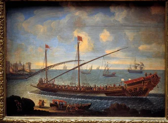 Eine königliche Galeere kehrt in den Hafen zurück. Dies ist die „Reale de France“, gebaut 1679. Anonymes Gemälde des 17. Jahrhunderts. Paris, Musée de la Marine