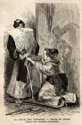 Die Toilette eines Samurai, eine junge Magd hilft ihr, ihren Kimono zu binden. Gravur zur Illustration der Reise nach Japan, in den Jahren 1863-1864, von Aime Humbert, Minister der Schweizerischen Eidgenossenschaft, in „Le tour du monde, nouveau journal de