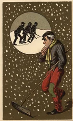 Ein Schneesammler mit seiner Schaufel. Anonyme Chromolithographie, späte 19. Jahrhundert.