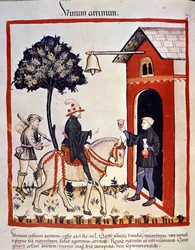 Ein Reisender wird in einem Gasthaus willkommen geheißen und ihm wird ein Glas Wein angeboten. Illumination aus der Milchwirtschaft und Diätetik „Tacuinum sanitatis“