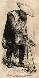 Ein wandernder Lumpensammler, der mit langen Stäbchen die Lumpen greift, die er in seinem Korb aufbewahrt, bevor er sie an einen Großhändler verkauft. Gravur zur Illustration der Reise nach Japan, von Aime Humbert, Minister der Schweizerischen Eidgenossens
