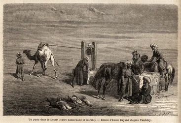Ein Brunnen in der Wüste zwischen Samarkand und Karshi (Städte des heutigen Usbekistan). Zeichnung von Emile Bayard (1837-1891), zur Illustration der Reise nach Zentralasien im Jahr 1863 von Arminius Vambery (ungarischer Wissenschaftler verkleidet als Derw