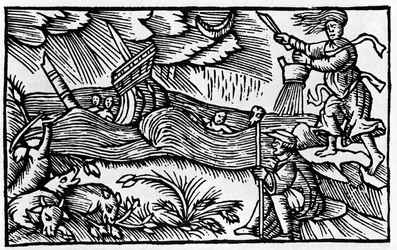 Eine Hexe verursacht einen Sturm nach „Historia de gentis nortentrionalibus“ von Olaus Magnus, Rom 1555