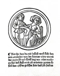 Eine Frau blutet. Holzschnitt in "Buch der Chirurgie" von Hyeronimus Braunschweig. Straßburg 1497