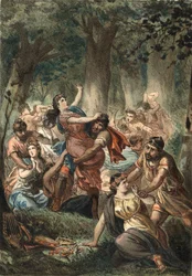 Entführung der Sabinerinnen durch die Römer. Gravur von 1881 in „El Culto de la Hermosura“ von Juan Justo Huguet, Molinas Hermanos editores