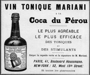 Werbung von 1889 für den „Weintonikum Mariani a la coca du perou“ (Kokain)