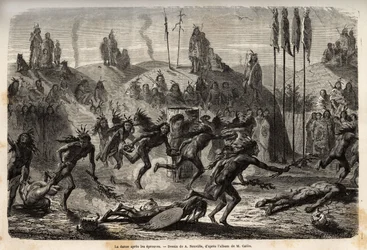 Nach der Zeremonie der Selbsthingabe an den Großen Geist, tanzen die jungen Krieger einen frenetischen und ausufernden Tanz, die Schwächsten werden auf dem Boden geschleift, unter den Mandan-Indianern (oder noumah ka kie: Fasanen), am linken Ufer des Misso