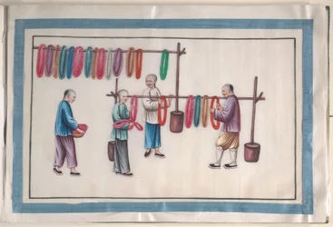 Album mit zwölf Gemälden von Menschen, die Seide herstellen