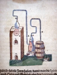 Alchemie: Apparatur zur Destillation, aus einem Buch von Pietro Andrea Mattioli (Matthiole) (1500-1577). Frankfurt