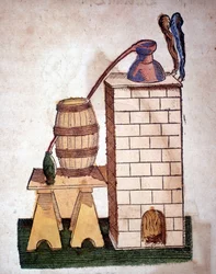 Alchemie: Apparatur zur Destillation. Gravur aus einem Buch von Pietro Andrea Mattioli (Matthiole) (1500-1577). Frankfurt