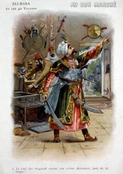 Ali Baba und die 40 Räuber (Geschichten aus Tausendundeiner Nacht): Der Anführer der Räuber, der seinen Schatz entdeckt sieht, schwört Rache - Karton des „Guten Marsches“, Ende des 19. Jahrhunderts