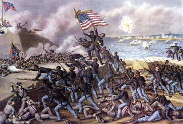 Amerikanischer Bürgerkrieg (1861 - 1865): Angriff von 2000 Schwarzen Freiwilligen auf Fort Wagner auf Jekyll Island vor Georgia im Juli 1863. Stich aus dem 19. Jahrhundert.