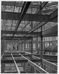 Amerikanische Eisenrahmenkonstruktionen - das Gerüst des Palace Hotels in Denver, Colorado - Gravur in „Nature“ von 1892