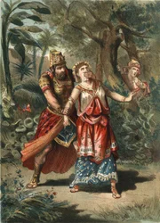 Amestris, die Gemahlin des Perserkönigs Xerxes, wird von einem Diener Artayntes entführt. In „El Culto de la Hermosura“ von Juan Justo Huguet, Molinas Hermanos Editores