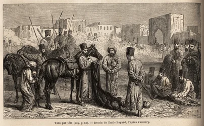 Ein Buchhalter des Khans erhält die Lieferung der Köpfe von Feinden und Geiseln, Frauen und Kinder an die Schweifenden Pferde gebunden. Zeichnung von Emile Bayard, zur Illustration der Reise nach Zentralasien, 1863, von Arminius Vambery (ungarischer Wissen