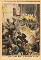 Anarchistischer Anschlag in Barcelona, Bombenexplosion in der Prozession, die die Kirche Santa Maria verlässt, Straße Nuevos Cambios. Gravur in „Le petit journal“ 21/06/1896. Sammlung Selva.
