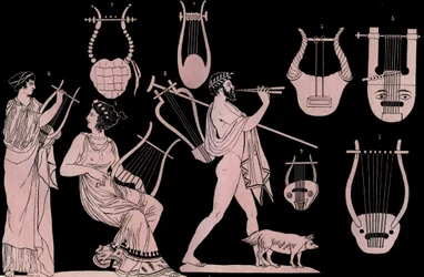 Altgriechisches Musikinstrument: Lyra und Kithara (Cithare) (Kithara) - Stich aus „Usi e Costumi di Tutti i Popoli dell