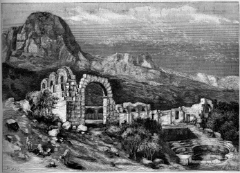 Antike Architektur: Ruinen des römischen Tempels von Zaghouan (Tunesien). Gravur von Riugel in "Die illustrierte Welt" Nr. 1308 vom 22. April 1882.