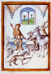 Tiere in menschlicher Haltung: Der Löwe, König der Tiere, gibt Ziegen, Hirschen und Rehen Befehle und hilft einem Feliden in der Haltung eines Schreibers. Miniatur aus Bidpais "Fabeln" ins Deutsche übersetzt