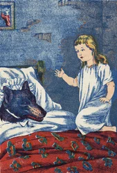 Anonyme Illustration für „Rotkäppchen“, Märchen von Charles Perrault (1628-1703), französischer Schriftsteller. Bildmaterial Marcel Vagne, Jarville Nancy, undatiert (spätes 19. Jahrhundert)