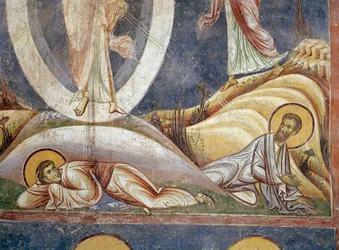 Apostel Johannes und Jakobus Detail. Fresko der Verklärung. 1164 Nerezi, Kirche St. Clemens, Mazedonien