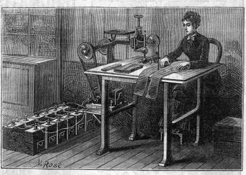 Anwendung von Faure-Batterien: Schneidemaschine für Stoffe, betrieben durch den Akkumulator. In „Le Monde Illustré“
