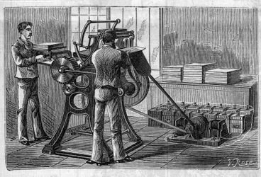 Anwendung von Faure-Batterien: Drucker, betrieben durch den Akkumulator. Gravur in „Le Monde Illustré“.