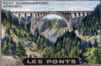 Architektur und Bauingenieurwesen: Darstellung der Hundwilertobel-Brücke im Kanton Appenzell, Schweiz, Serie über Brücken, Anfang des 20. Jahrhunderts