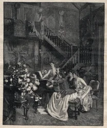 Um eine Partitur - Jules Massenet (1842-1912), französischer Komponist, spielt mit Freunden „Le portrait de Manon“ - Gravur in „Le Progrès Illustré“ von 1895
