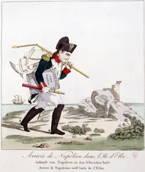 Ankunft Napoleons auf der Insel Elba (den Code Napoléon unter dem Arm tragend) - in „Napoleon I., Karikaturen, fingierte Sammlung“, um 1814