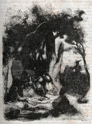 Ankunft von Rodomont und Mandricard am Brunnen von Merlin - Gravur von 1851 aus „Roland furieux“ (Orlando furioso) (16. Jahrhundert) von Ludovico Ariosto, bekannt als der Ariosta - Ausgabe übersetzt aus dem Italienischen von Graf von Tressan und veröffentl