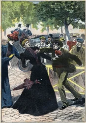 Die Ermordung der Kaiserin Elisabeth von Österreich (Sissi) durch den italienischen Anarchisten Luigi Lucheni in Genf im Jahr 1898. Illustration von 1898. Privatsammlung