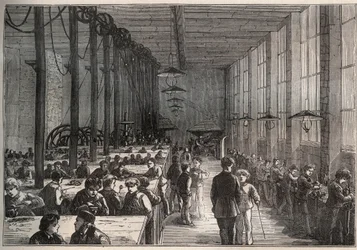Eisenwerkstatt - Städtische Lehrlingsschule am Boulevard de la Villette in Paris im Jahr 1875 - Gravur
