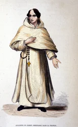 Augustiner in gewöhnlicher Kleidung, religiös nach den Regeln des heiligen Augustinus. Gravur aus dem 19. Jahrhundert
