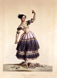 Österreichische Tänzerin Fanny Elssler (1810-1884) im Ballett „Der lahme Teufel“ 02/06/1836. Druck des 19. Jahrhunderts