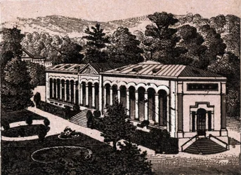 Baden-Baden, Deutschland: Blick auf die Kolonnade in „Die Welt illustriert 168 Ansichten“ (Ende des 19. Jahrhunderts)