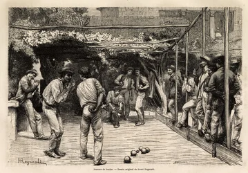 Ballspieler in Rom (Italien). Gravur zur Illustration der Reise nach Rom, von Francis Wey, 1864-1868, veröffentlicht in „Le tour du monde, nouveau journal des voyages“, unter der Leitung von Edouard Charton
