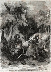 Kampf zwischen Roland und Ferragus - Gravur von 1851 aus „Roland der Rasende“ (Orlando furioso) (16. Jahrhundert) von Ludovico Ariosto, bekannt als der Ariosta - Ausgabe, übersetzt aus dem Italienischen von Graf von Tressan und veröffentlicht von Gustave H