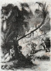 Schlacht von Griffon und Aquilant gegen Orrile - Gravur von 1851 aus „Furioser Roland“ (Orlando furioso) (16. Jahrhundert) von Ludovico Ariosto, bekannt als der Ariosta - Ausgabe übersetzt aus dem Italienischen von Graf von Tressan und veröffentlicht von G