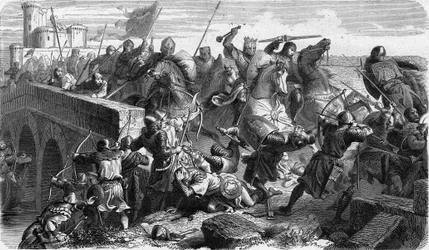 Schlacht von Taillebourg 1242, die kapetischen Truppen des Königs von Frankreich Ludwig IX. (Saint Louis) und sein Bruder der Graf von Poitiers Alphonse gegen die aufständischen Vasallen Heinrich III. von England und Hugues X. von Lusignan