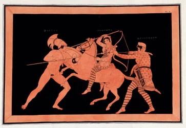 Schlacht der Amazonen Hyppolyte und Deinomache gegen Theseus - „Gemälde antiker Vasen, allgemein etruskisch genannt“, aus verschiedenen Sammlungen und graviert von A. Clener, begleitet von Erklärungen von A.L. Millen. Von Dubois-Maisonneuve. Bibliothek von