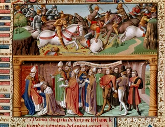 Kampfszene und Krönung von Kaiser Lothar II. von Supplinburg (oder Lothar III. des Heiligen Römischen Reiches) (1075-1137). Miniatur in „Le miroir historial“ (Speculum Historiale) (ms. 1196 fol. 245 r.) von Vincent de Beauvais