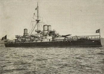 Schlachtschiff Sardegna in Segeltrimmung, Italien, Gravur nach einem Foto von Conti Vecchi aus L