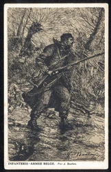 Belgien: Eine belgische Postkarte, die während des Ersten Weltkriegs produziert und verkauft wurde, um Gelder für invalide belgische Soldaten zu sammeln.