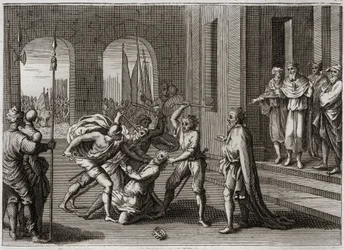 Bibel von Royaumont, Altes Testament: Agag verschont. Saul verschonte, entgegen Gottes Befehl, Agag, den König der Amalekiter. Gott zeigt ihm seinen Zorn durch Samuel, der Sauls Fehler korrigierte, indem er Agag tötete. Illustration von 1811.