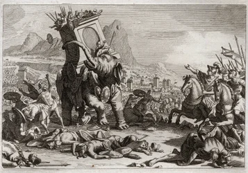 Royaumont-Bibel, Altes Testament: Mut von Eleazar. Der Seleukidenkönig Antiochos V. Eupator, Sohn des gottlosen Antiochos IV. Epiphanes (175-164 v. Chr.), kämpfte nach dem Tod seines Vaters gegen Judas Makkabäus. Außergewöhnliche Tat von Ele