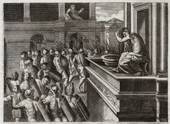 Royaumont-Bibel, Altes Testament: Verbrechen Davids oder Bathseba im Bad. David sah Bathseba von weitem, die Frau des Hethiters Uria (oder Uria der Hethiter), beim Baden und begehrte sie, und tötete dann ihren Mann Uria. Illustration von 1811.